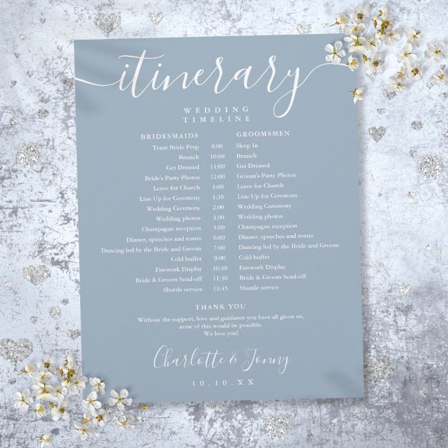 Papier Chronologie de l'itinéraire Mariage de la planific (Dusty Blue Schedule Wedding Itinerary Timeline)
