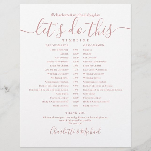 Papier Chronologie du calendrier du Mariage Dusty Rose (Devant)