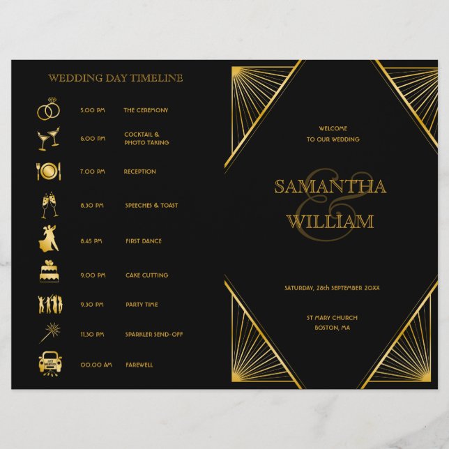Papier Chronologie du Mariage plié Gatsby Art Déco (Devant)