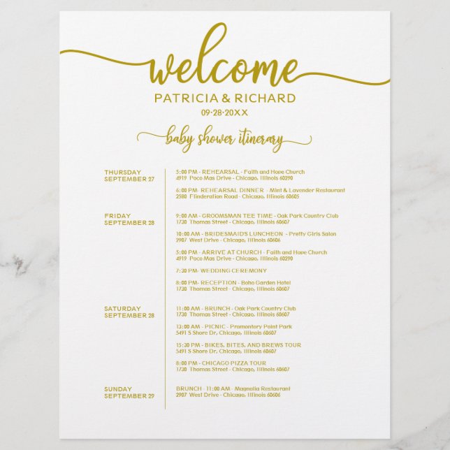 Papier Chronologie Gold Itinéraire De 4 Jours Baby shower (Devant)