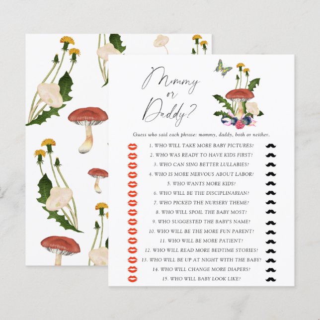 Papier Chute champignons Maman ou papa jeu de baby shower (Devant / Derrière)