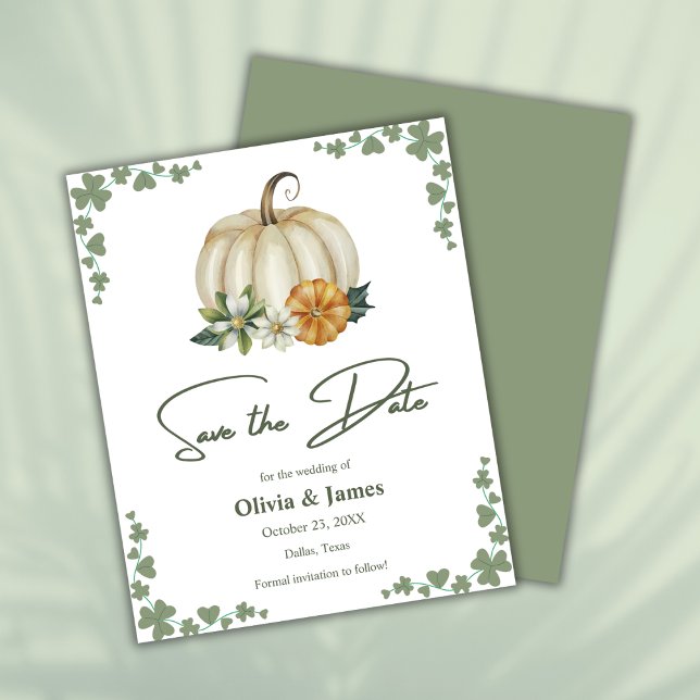 Papier Chute en amour Sage mariage vert Enregistrer la ca (Budget Fall in Love Pumpkin Greenery Sage Green Wedding Save The Date Card )