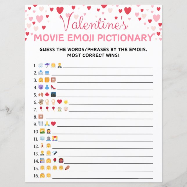Papier Cinéma de la Saint Valentin Emoji Pictionary Jeu (Devant)