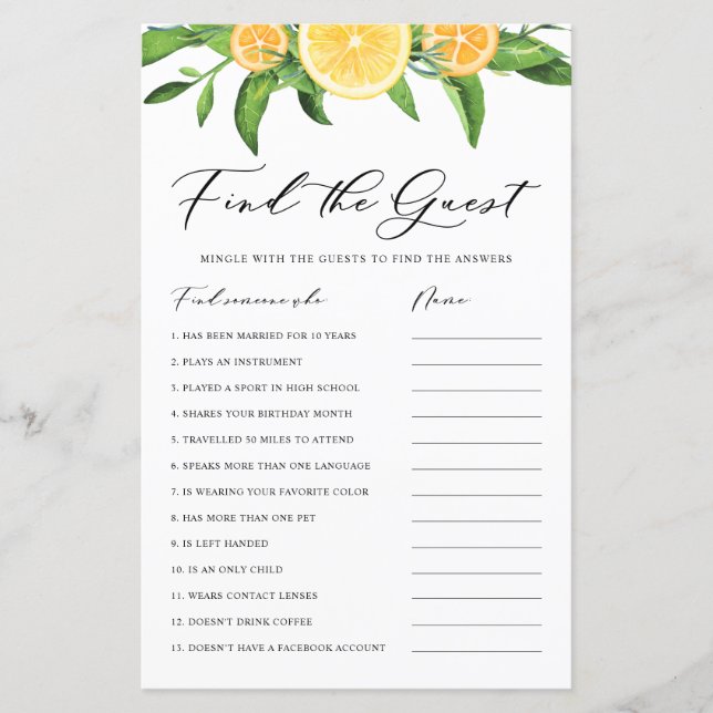 Papier Citron et orange Trouvez le jeu de Fête des mariée (Devant)