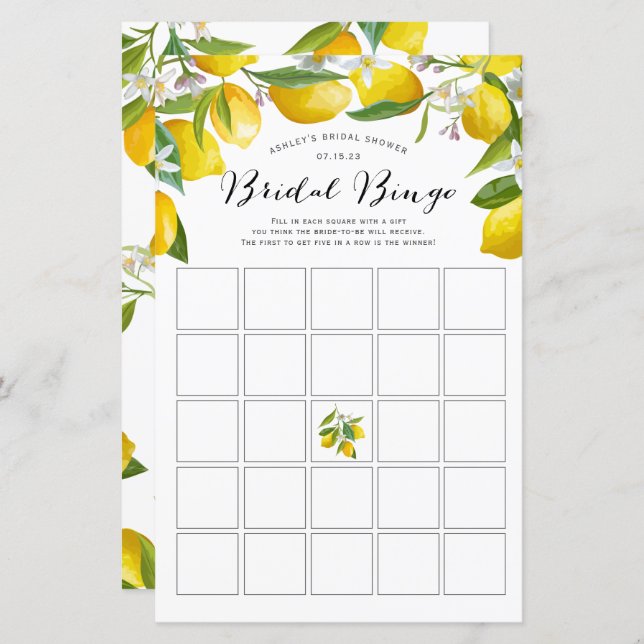 Papier Citron Jeu de bingo de douche à thème nuptiale, (Devant / Derrière)