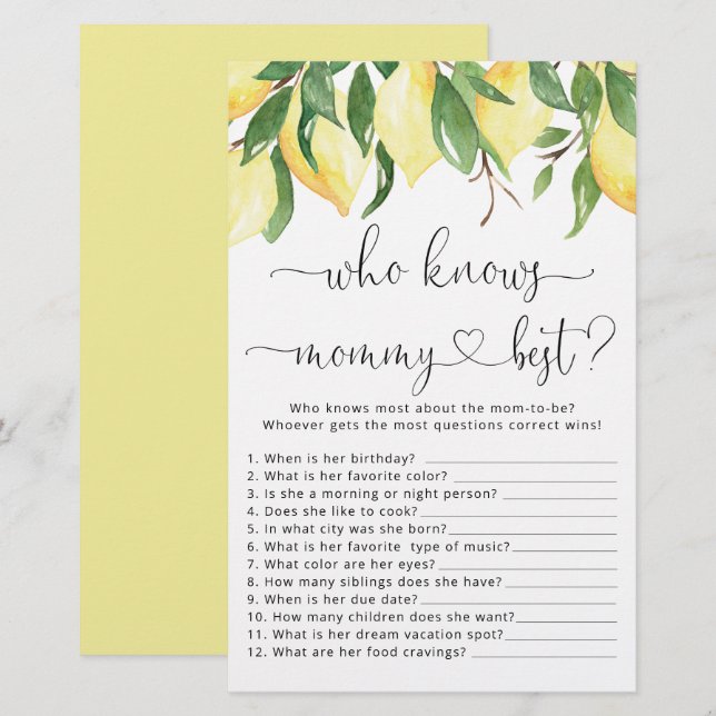 Papier Citron Qui Connaît Maman Meilleur Baby shower Jeu (Devant / Derrière)
