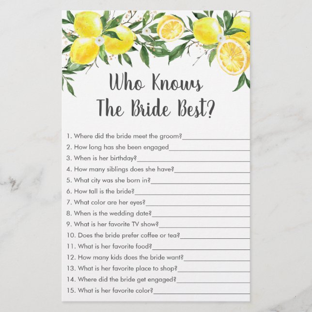 Papier Citron Vert Or Qui Connaît La Mariée Meilleur Jeu (Devant)
