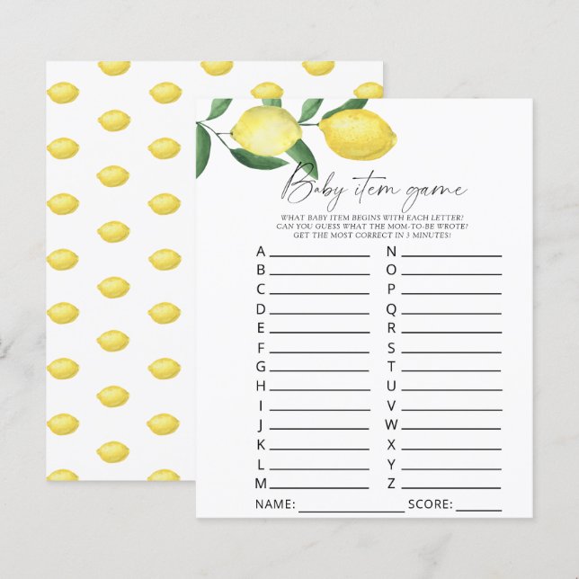 Papier Citrons - Baby Item Jeu. Jeu baby shower (Devant / Derrière)