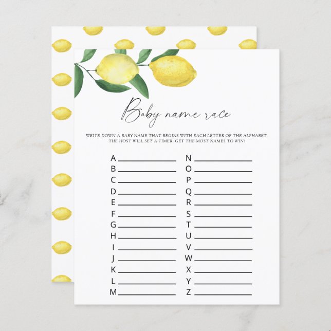 Papier Citrons - Baby name race jeu (Devant / Derrière)