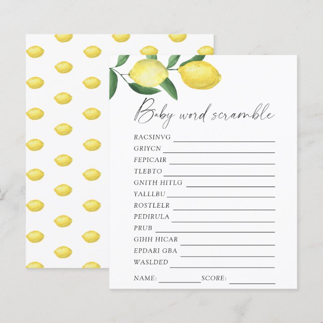 Papier Citrons - Mot scramble baby shower jeu (Devant / Derrière)