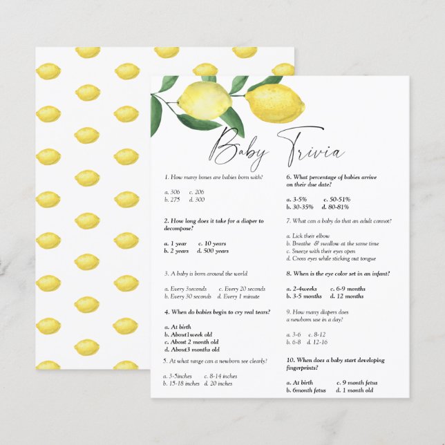 Papier Citrons - Trivia bébé | Jeu Baby shower (Devant / Derrière)