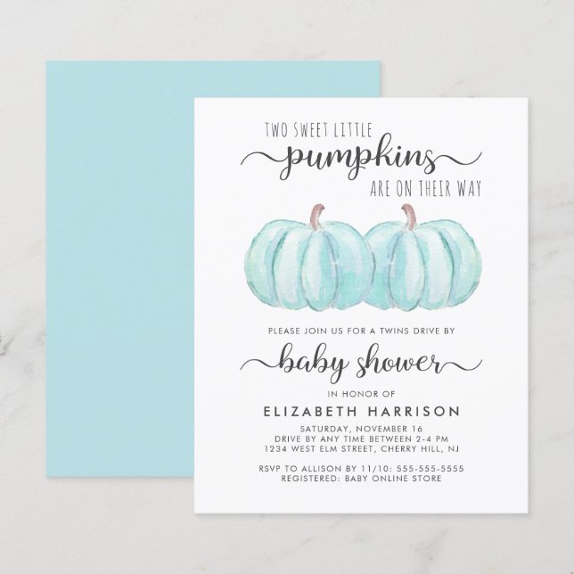 Papier Citrouille Blue Twin Boys Drive Par Baby shower (Devant / Derrière)