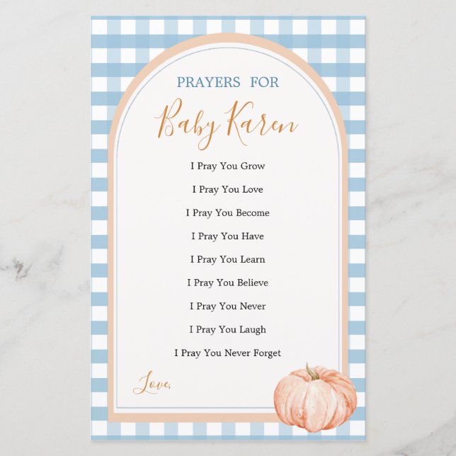 Papier Citrouille Boho Blue En vichy Love Prières pour bé (Devant)