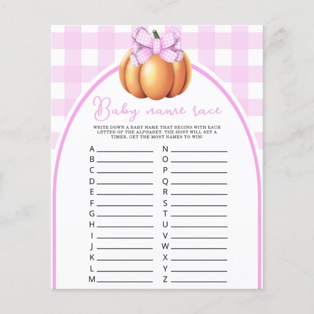 Papier Citrouille bow baby shower Baby name race jeu (Devant)