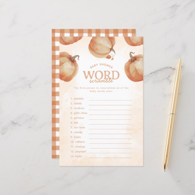 Papier Citrouille d'automne Baby shower Word Scramble Jeu (Devant/Arrière en situation)