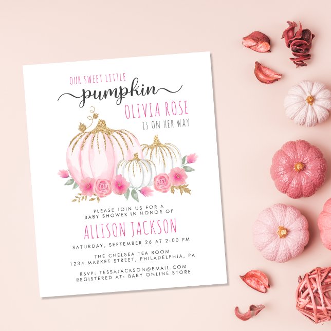 Papier Citrouille Floral Aquarelle bébé fille douche Invi (Celebrate the upcoming arrival of your sweet autumn baby girl with a pumpkin-themed baby shower)