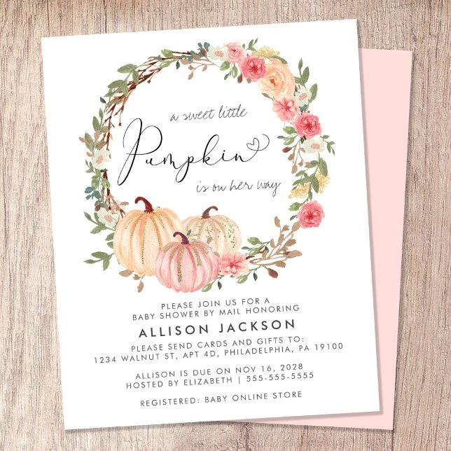 Papier Citrouille Floral Baby shower Par Courrier Invitat (Celebrate the upcoming arrival of your sweet little autumn baby with a pumpkin baby shower by mail)