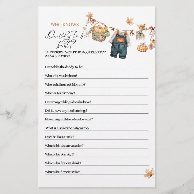Papier Citrouille moderne Baby shower d'automne papa jeu (Devant)