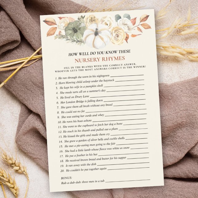 Papier Citrouille Nursery Rhyme Baby shower Jeu (A baby shower nursery rhyme game with a pumpkin theme is a fun & entertaining activity for guests.)
