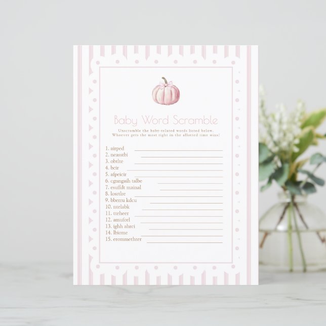 Papier citrouille rose bébé mot scrabble baby shower jeu (Debout devant)