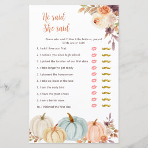 Papier Citrouille Rustic Floral Il a dit Elle a dit Game 