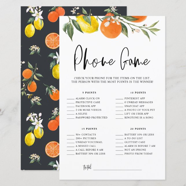 Papier Citrus Botanical What's on Your Phone Shower Game (Devant / Derrière)