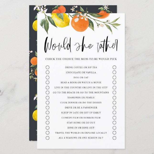 Papier Citrus Botanique Voudrait-Elle Plutôt Baby shower  (Devant / Derrière)