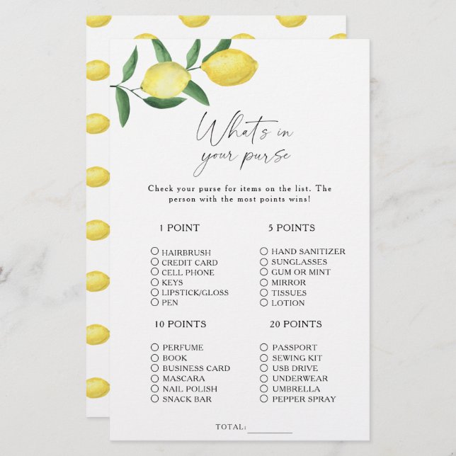 Papier Citrus citron - Qu'y a-t-il dans votre sac à main (Devant / Derrière)