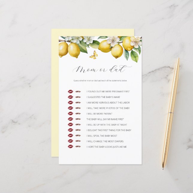 Papier Citrus Citrus Été Maman Ou Papa Baby shower Jeu (Devant/Arrière en situation)