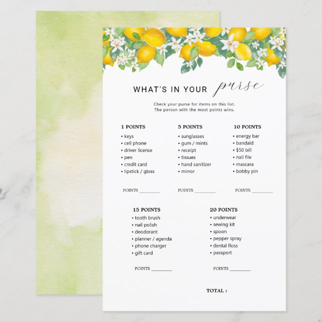 Papier Citrus Lemon What's In Your Purse Bridal Game (Devant / Derrière)