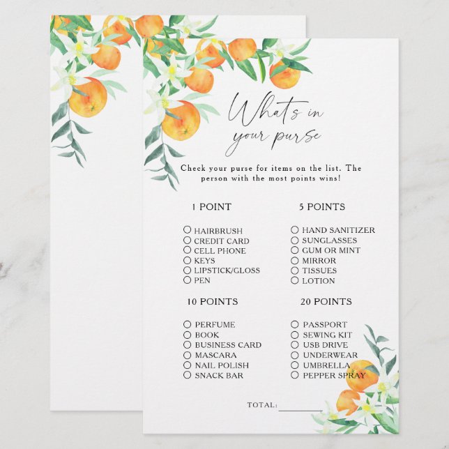 Papier Citrus - Qu'y a-t-il dans votre jeu de bourse (Devant / Derrière)