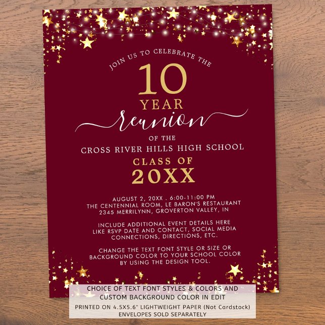 Papier Classe Budget Réunion Maroon Gold Stars Invitation (Créateur téléchargé)