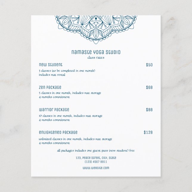 Papier Classe de Yoga Turquoise Professionnel Tarif Perso (Devant)