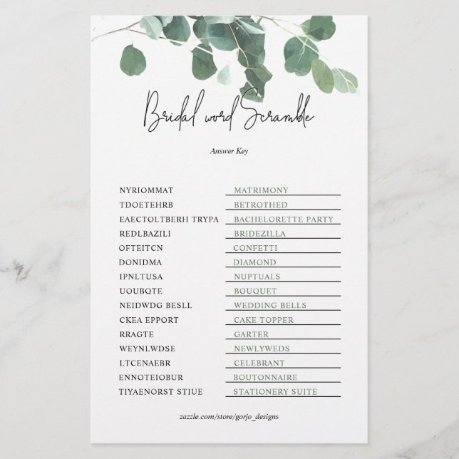 Papier Clé de mots mêlés Jeu de Baby Shower Eucalyptus (Devant)