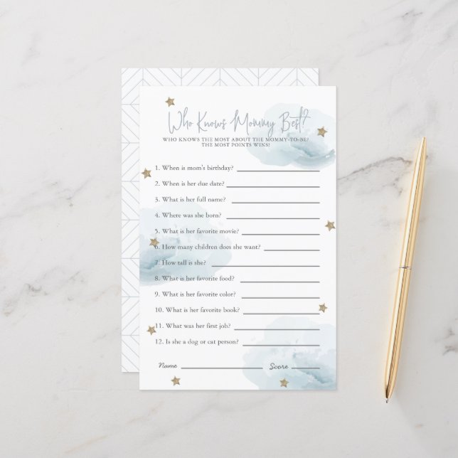 Papier Cloud 9 Qui Connaît Maman Baby shower Bleu Jeu (Devant/Arrière en situation)