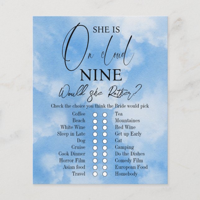 Papier Cloud Neuf Aquarelle Sky Blue Fête des mariées Jeu (Devant)