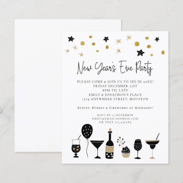 Papier Cocktails Budget Gold Noir Nouvel An Invitation (Devant / Derrière)