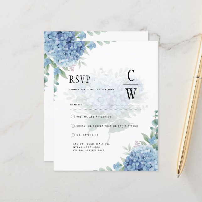 Papier Code QR Faire-part de mariage Blue Hydrangea (Devant/Arrière en situation)