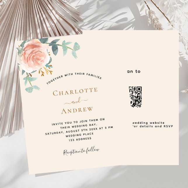 Papier Code QR floral rose beige RSVP faire-part de maria (Créateur téléchargé)