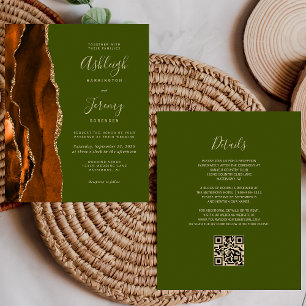 Papier Code QR Invitation de Mariage Agate Olive Rouille
