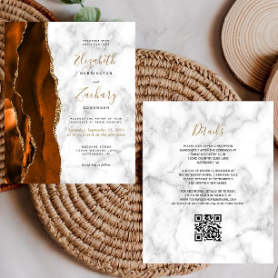 Papier Code QR Mariage Marbre Agate Orange Brûlé Budget