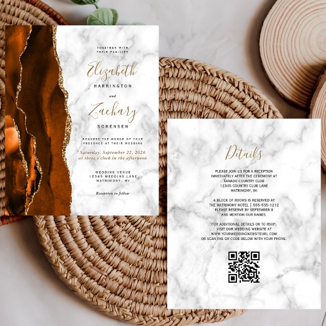 Papier Code QR Mariage Marbre Agate Orange Brûlé Budget (Créateur téléchargé)