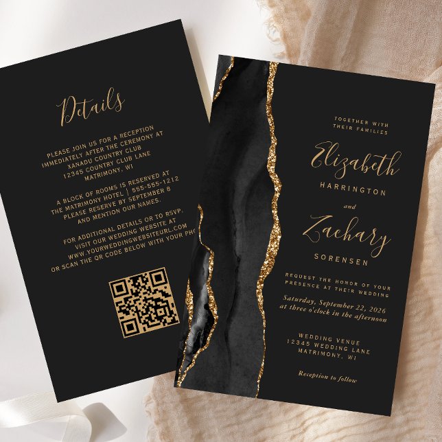 Papier Code QR Mariage Noir Agate Budget (Créateur téléchargé)