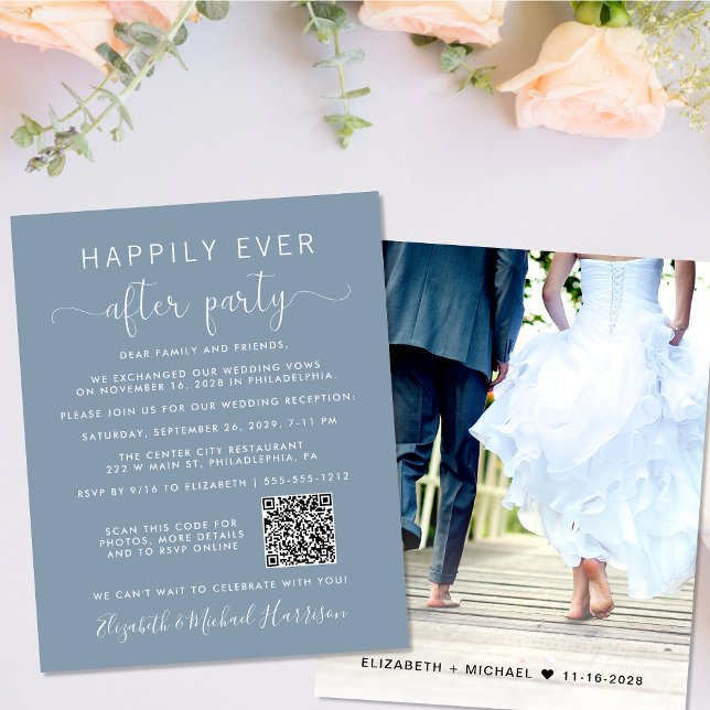 Papier Code QR Photo Dusty Blue Wedding Invitation de réc (Your love story deserves a grand celebration!)