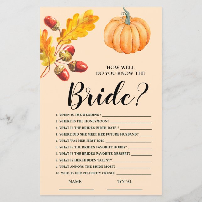 Papier Comment bien vous connaissez Bride Fall Citrouille (Devant)