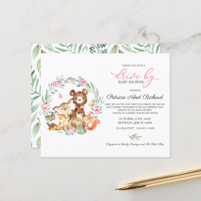 Papier Conduite Woodland Par Baby shower Budget Invitatio (Devant/Arrière en situation)