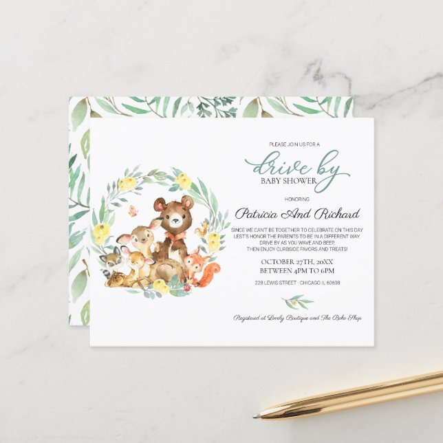 Papier Conduite Woodland Par Baby shower Budget Invitatio (Devant/Arrière en situation)