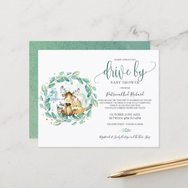 Papier Conduite Woodland Par Baby shower Budget Invitatio (Devant/Arrière en situation)