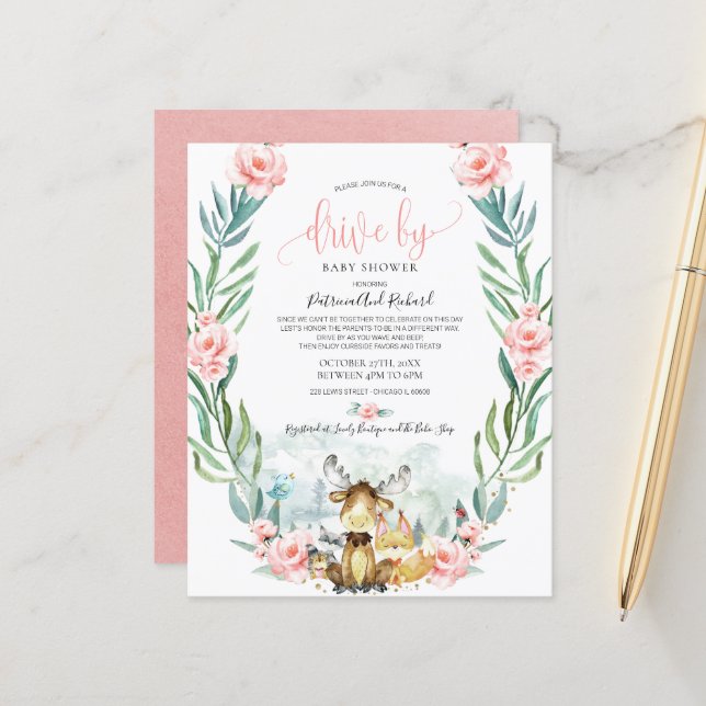 Papier Conduite Woodland Par Baby shower Budget Invitatio (Devant/Arrière en situation)