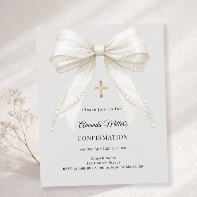 Papier Confirmation bow ivory pearls girl gray invitation (Créateur téléchargé)